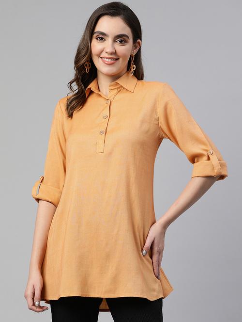 women orange solid  roll up sleeve straight kurti - 19784861 -  Standard Image - 0