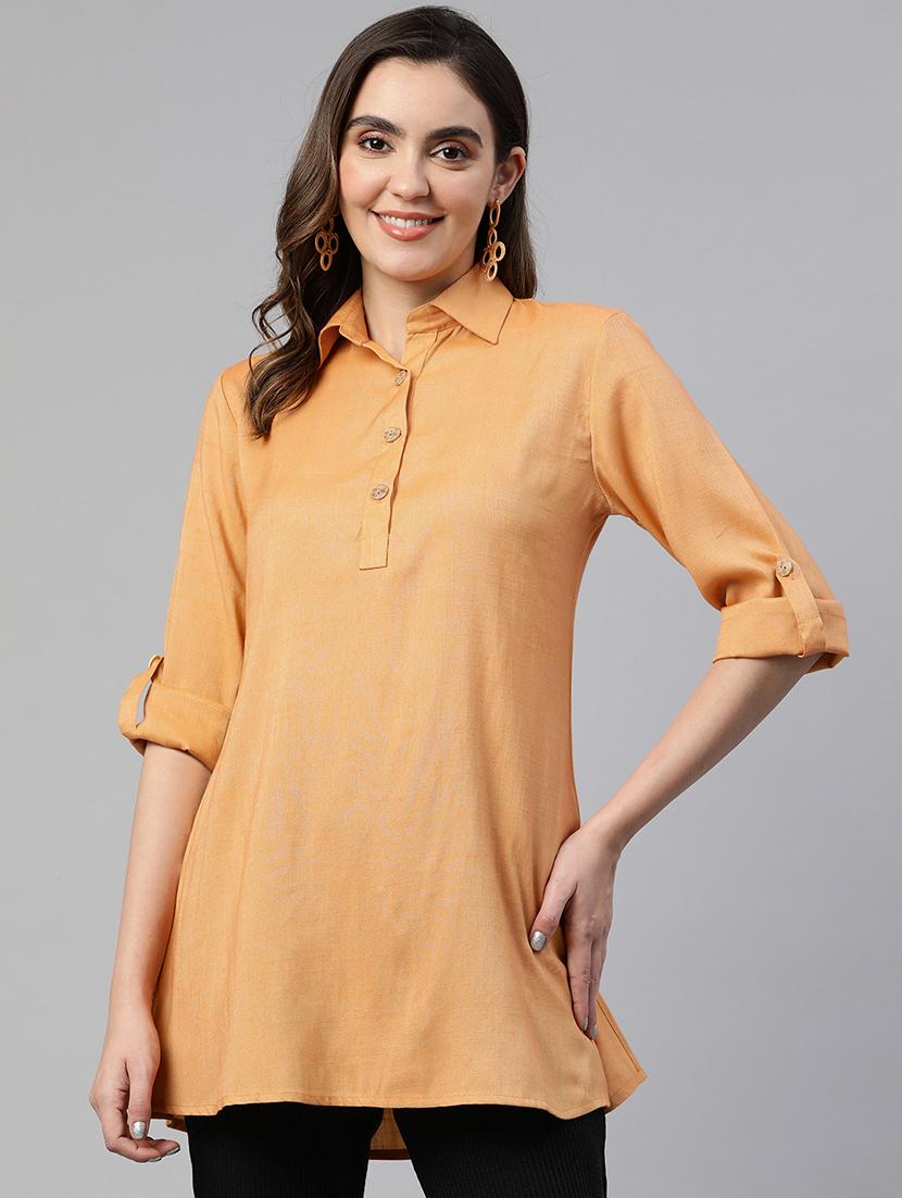 women orange solid  roll up sleeve straight kurti - 19784861 -  Zoom Image - 0