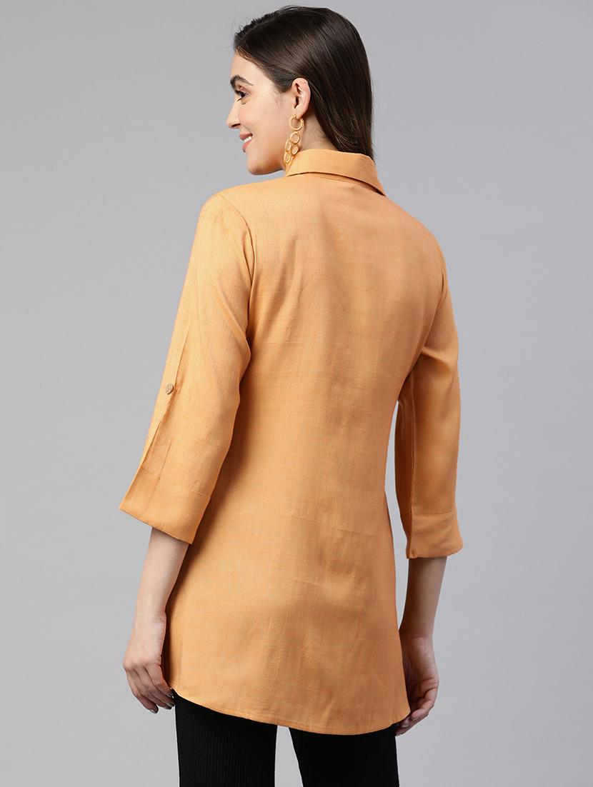 women orange solid roll up sleeve straight kurti - 19784861 - Standard Image - 2