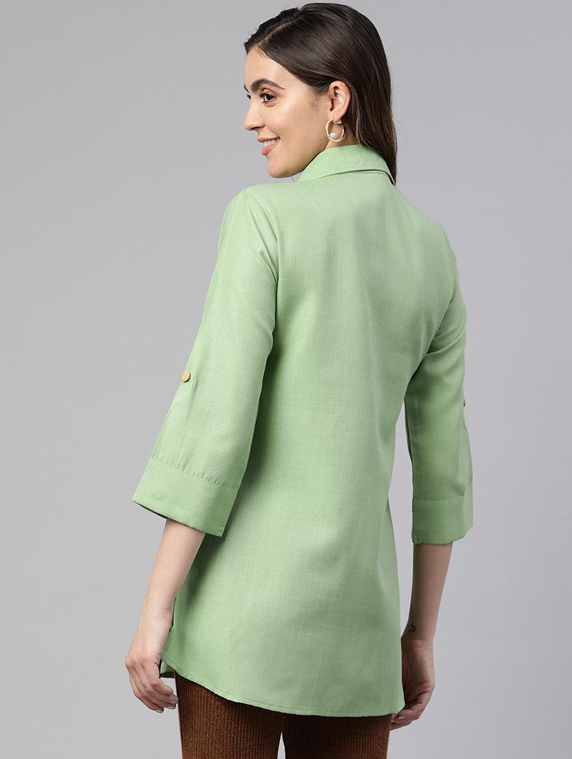 women green solid roll up sleeve kurti - 19784863 - Standard Image - 2
