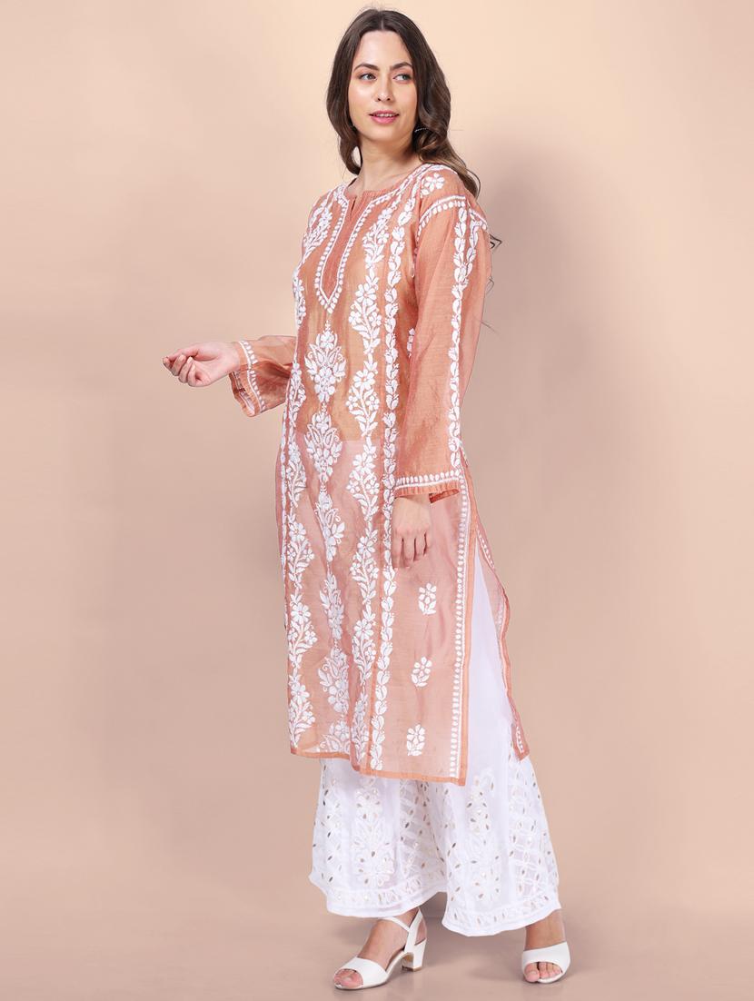 peach embroidered straight kurta - 19785308 - Standard Image - 2
