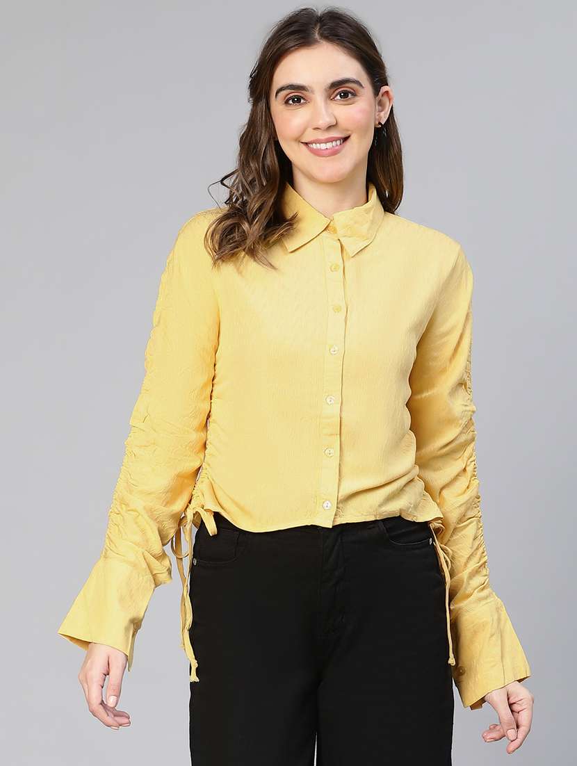 yellow self design regular shirt