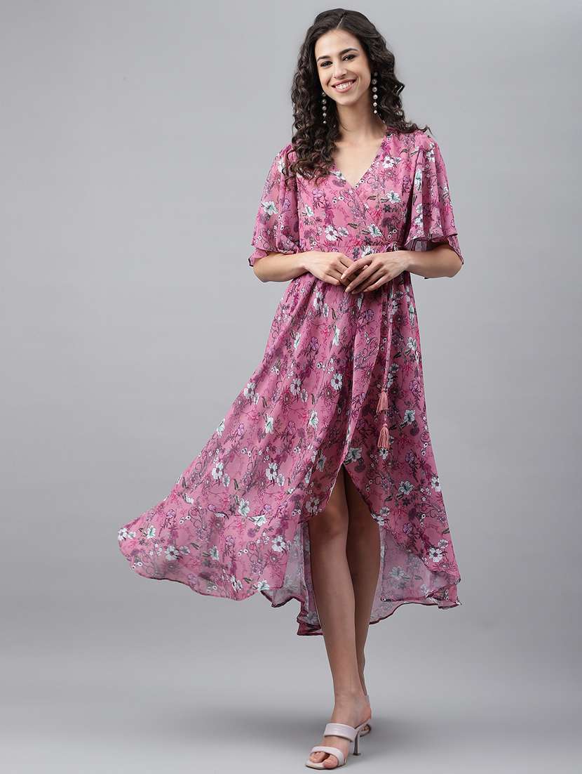 women's high low floral wrap dress