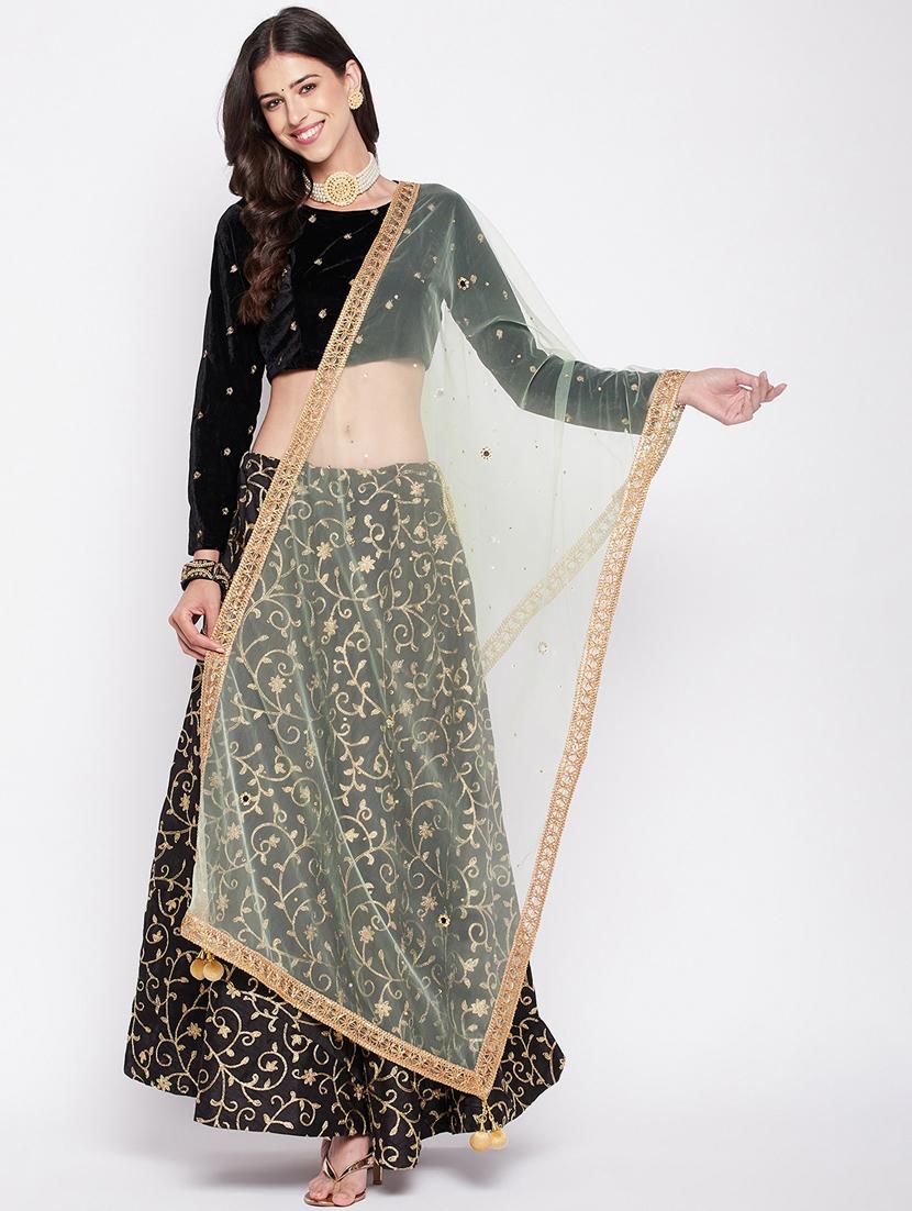 green embroidered gota work net dupatta - 19795914 - Zoom Image - 0