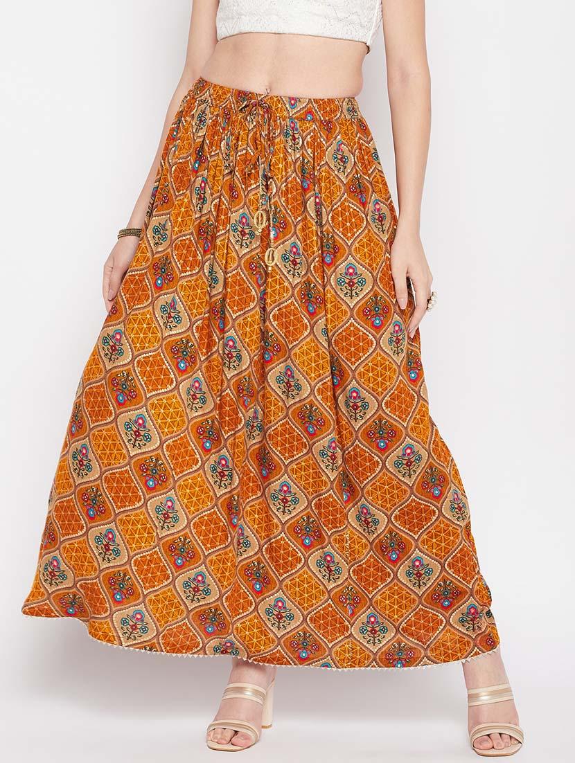 mustard printed flared long skirt - 19796158 -  Zoom Image - 0
