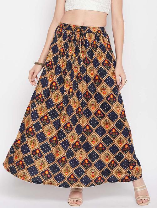 navy blue printed flared long skirt - 19796161 - Standard Image - 0
