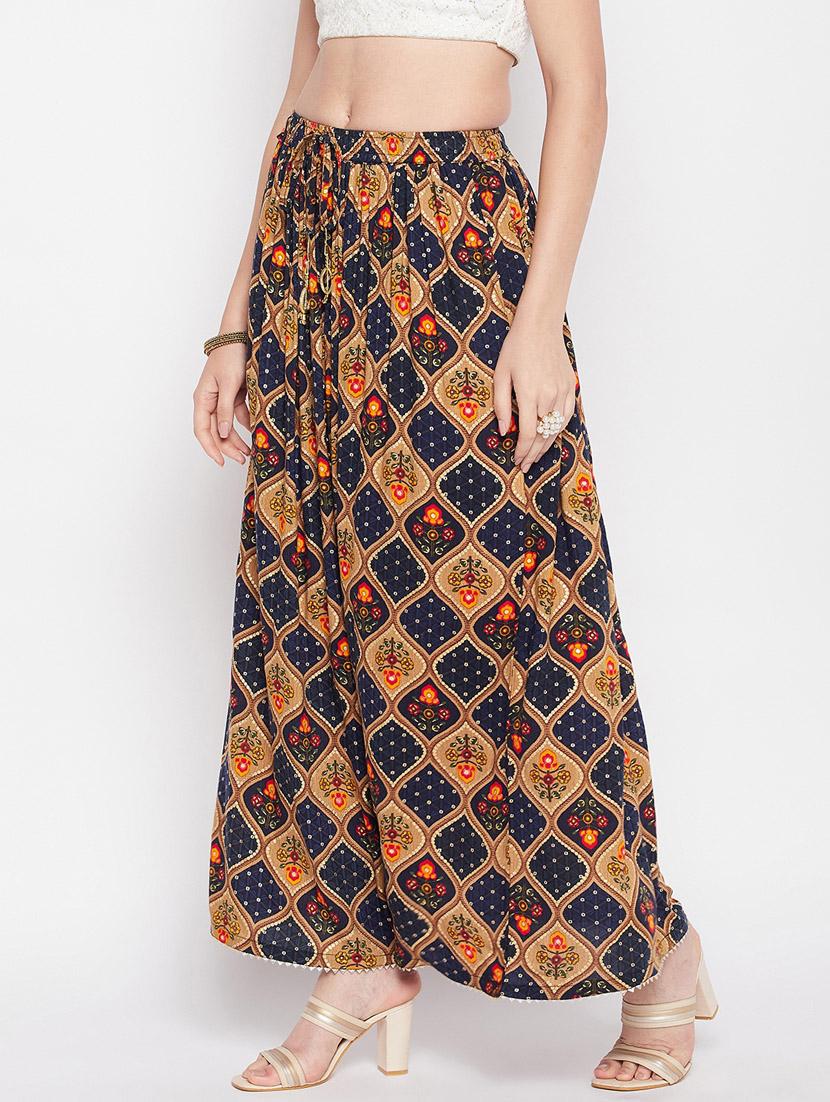 navy blue printed flared long skirt - 19796161 - Standard Image - 2