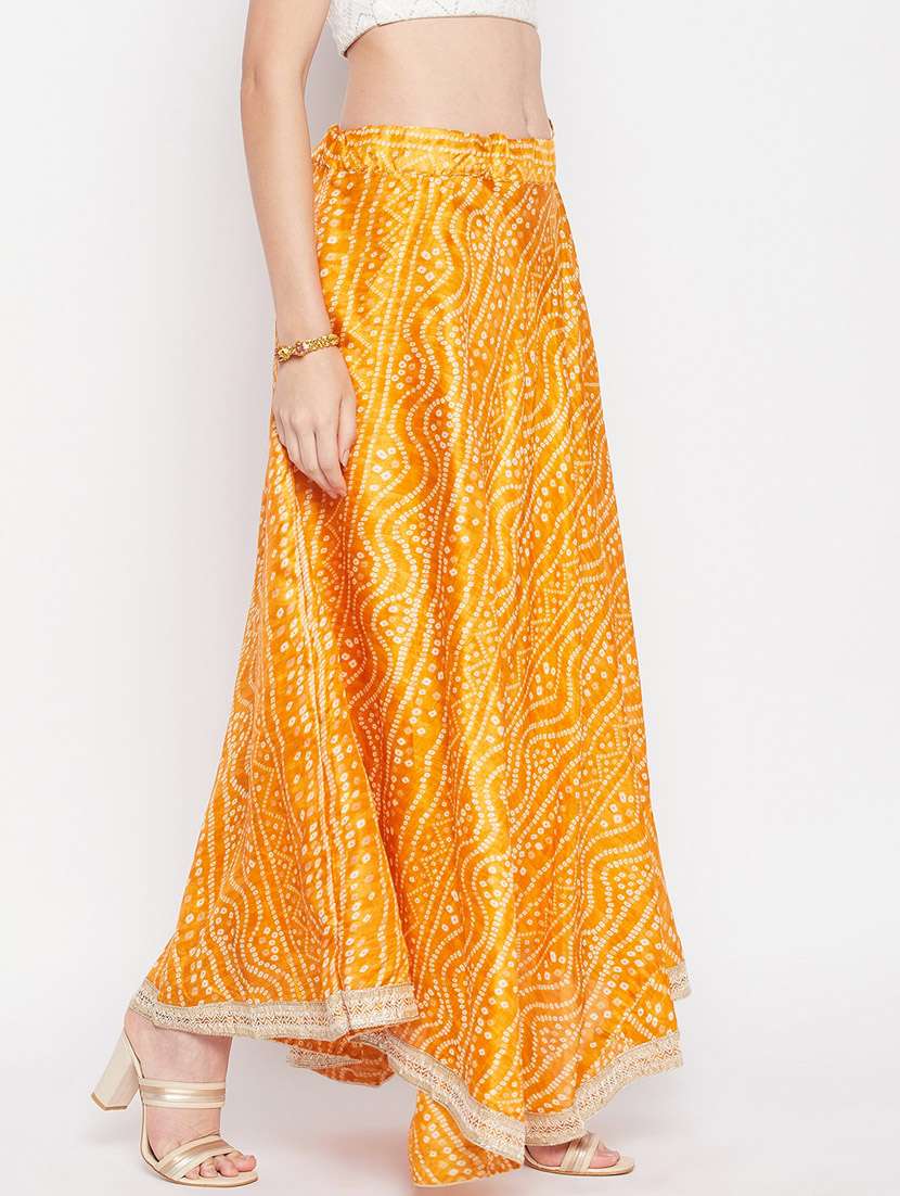 Mustard Printed Flared Long Skirt