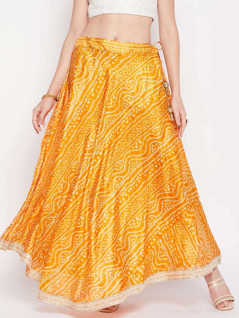 Mustard Printed Flared Long Skirt