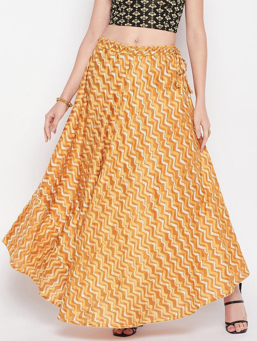 mustard printed flared long skirt - 19796176 - Zoom Image - 0