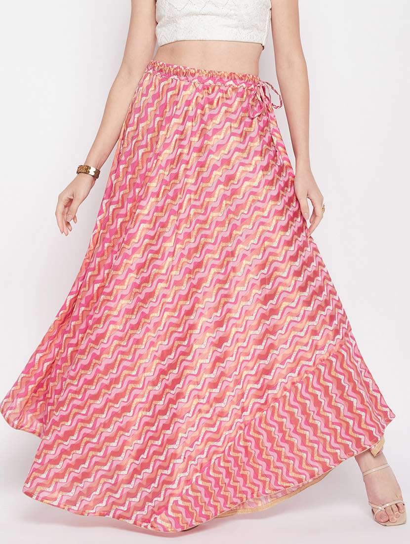 pink printed flared long skirt