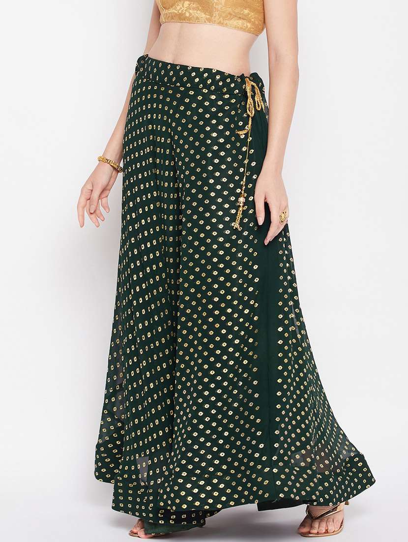 green printed flared long skirt