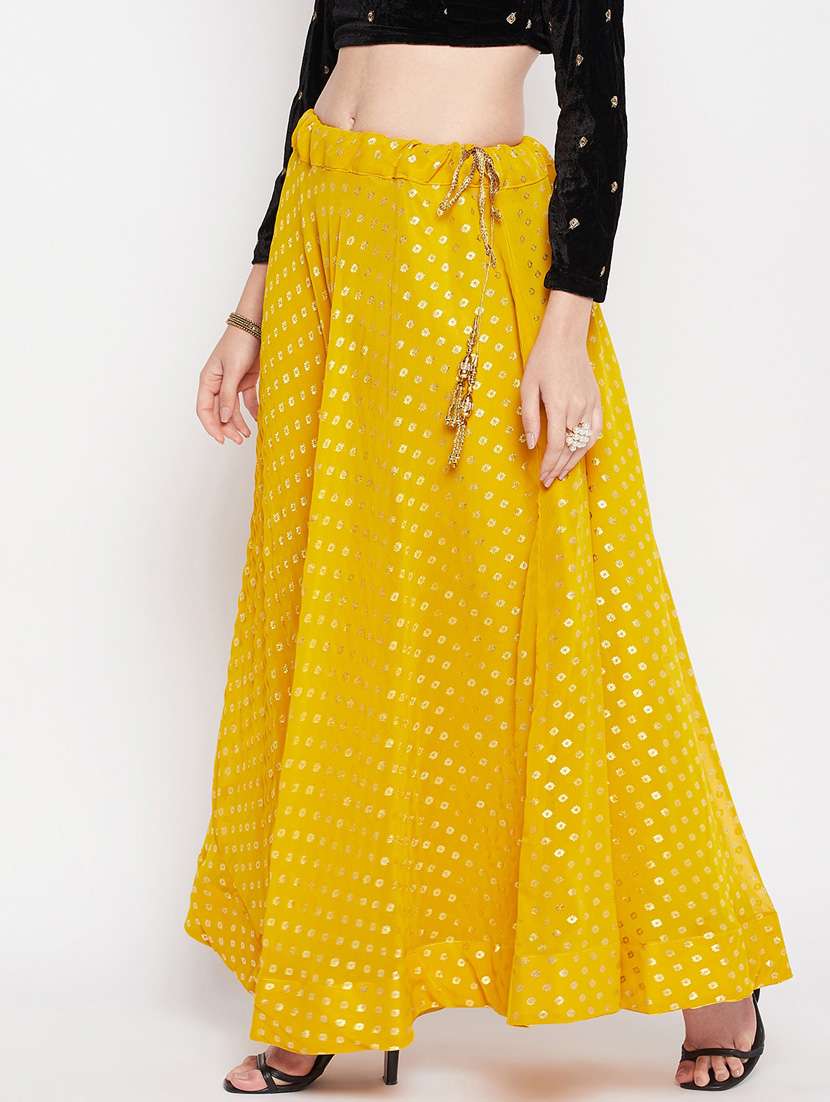 yellow printed flared long skirt