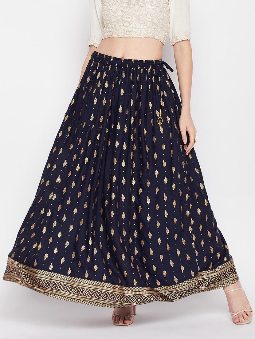 navy blue printed flared long skirt - 19796190 -  Zoom Image - 0