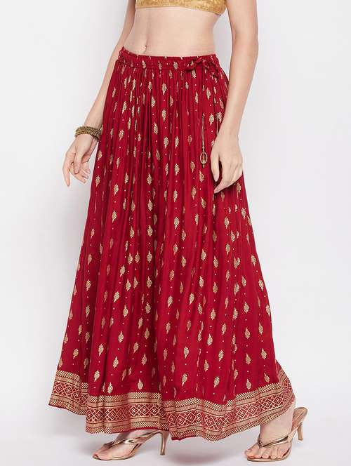 maroon printed flared long skirt - 19796191 - Standard Image - 0