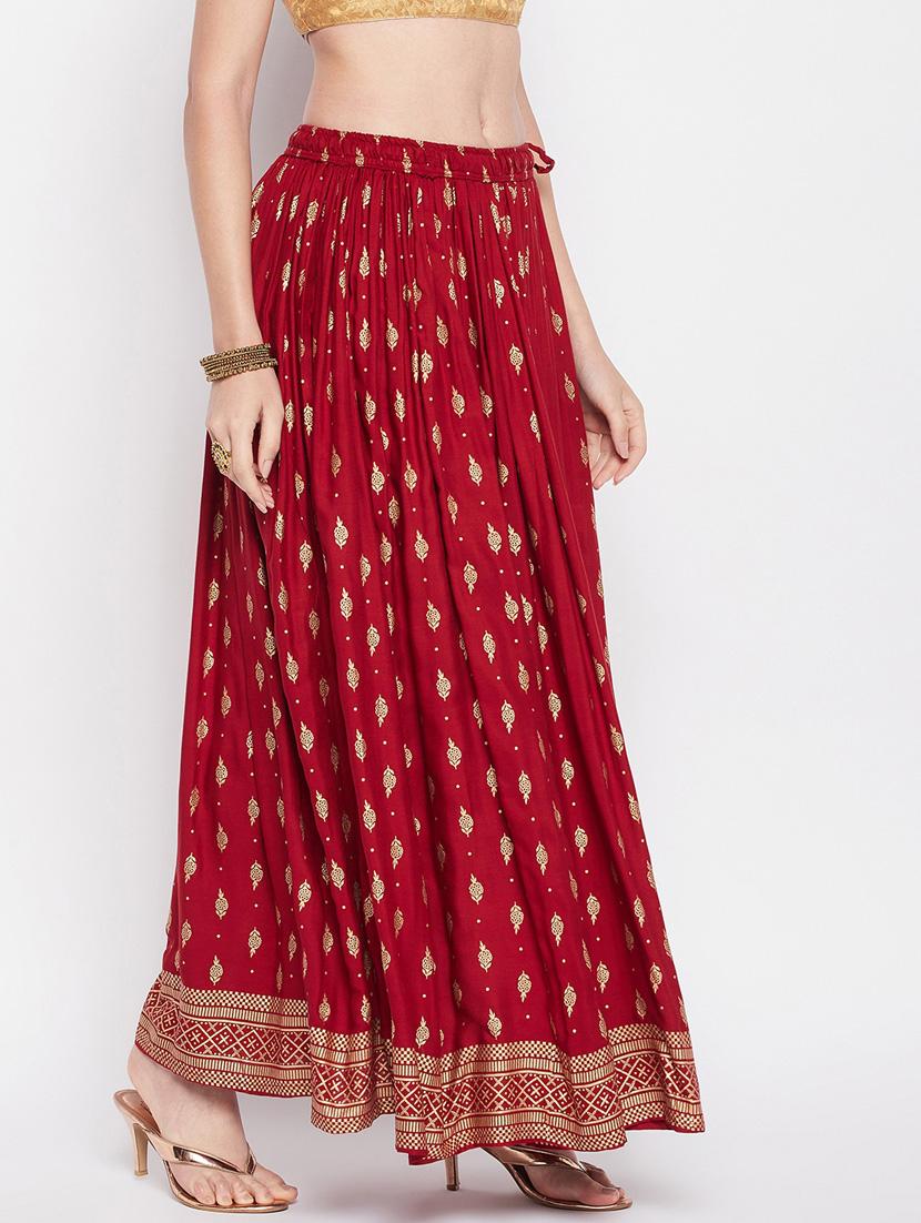 maroon printed flared long skirt - 19796191 - Standard Image - 2