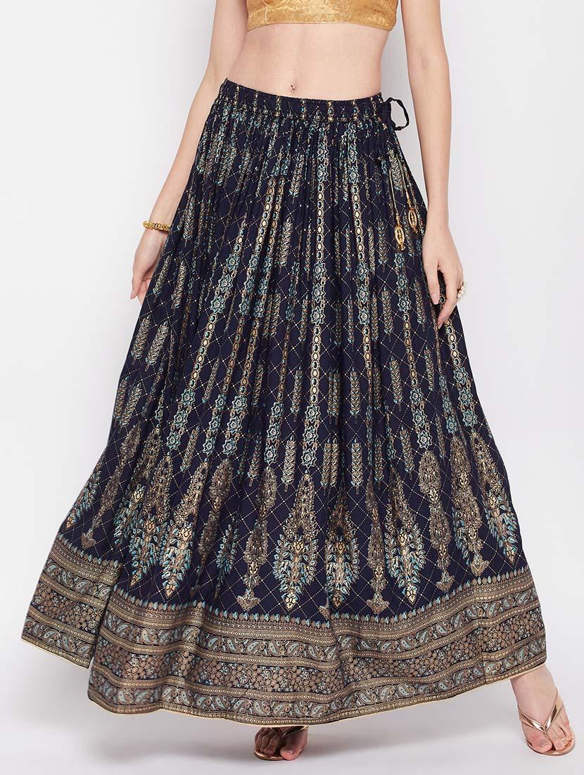 navy blue printed flared long skirt