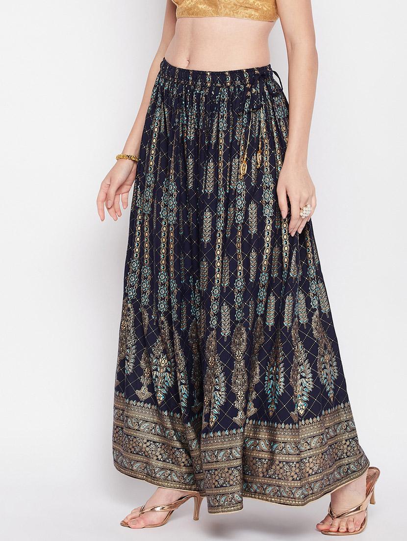 navy blue printed flared long skirt - 19796194 - Standard Image - 2