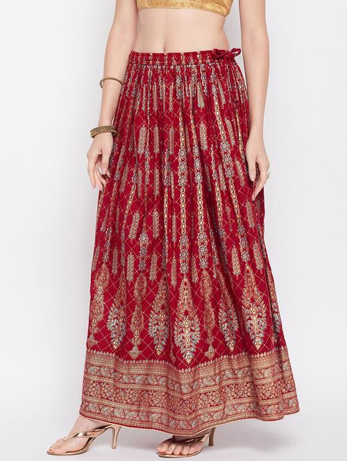 maroon printed flared long skirt - 19796195 -  Standard Image - 0