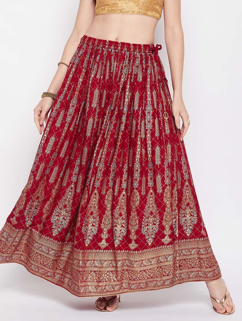 maroon printed flared long skirt - 19796195 - Standard Image - 2
