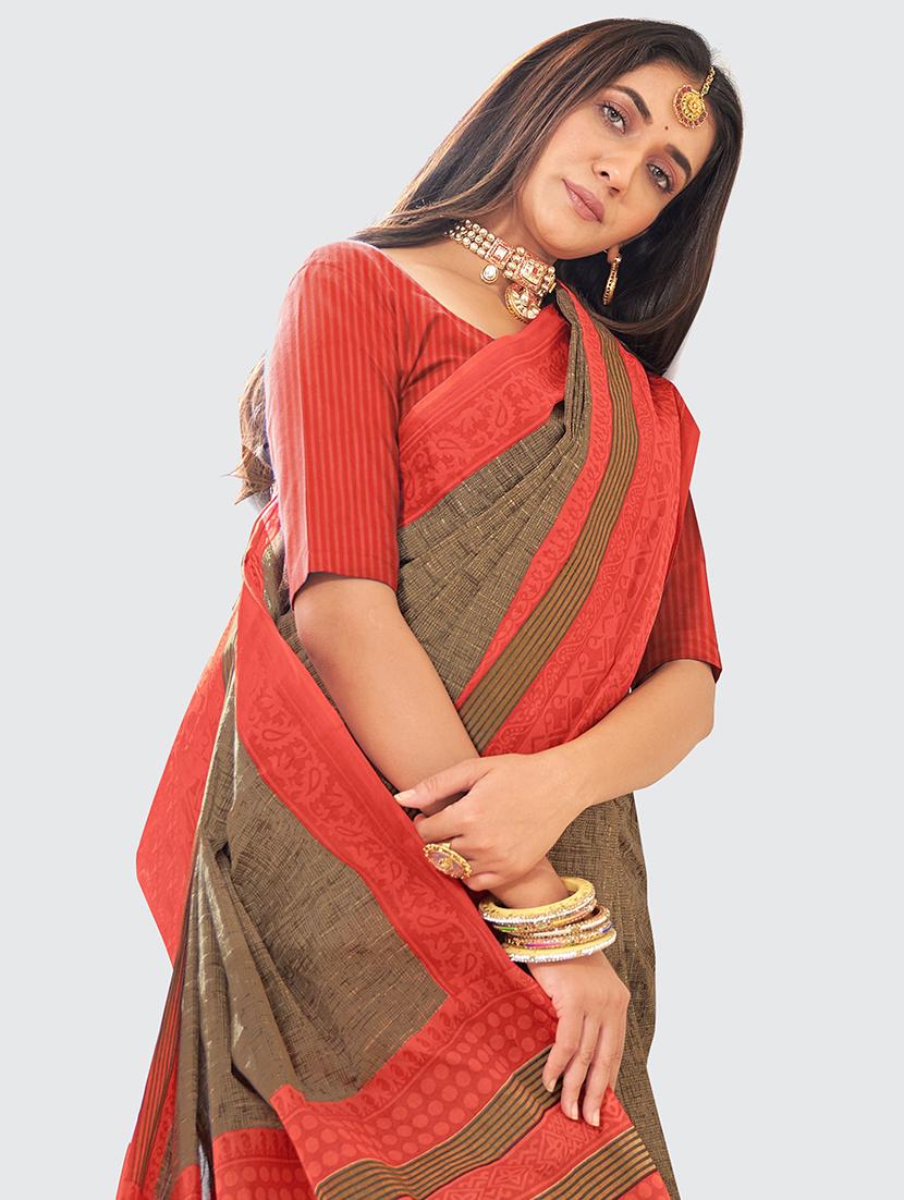 brown printed saree with blouse - 19796480 - Standard Image - 2