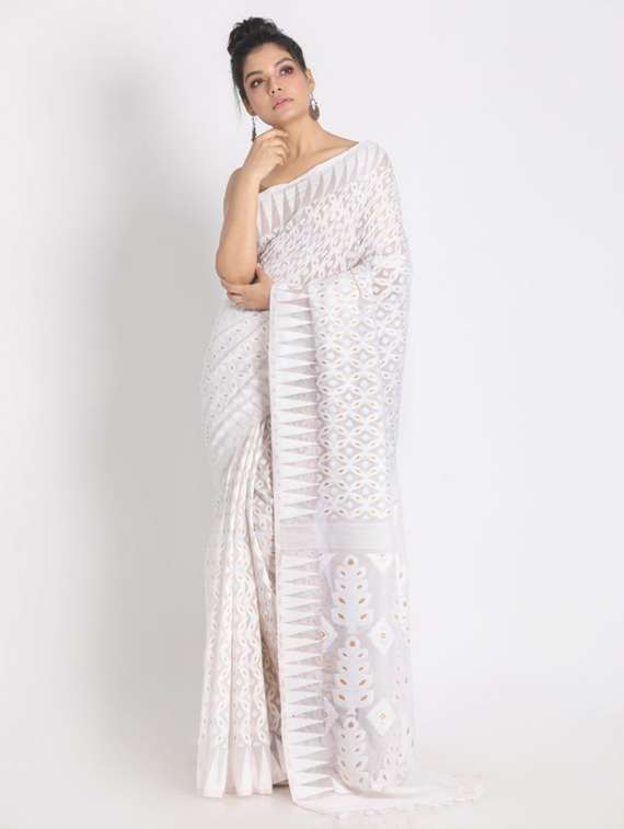 women's self design white colored saree with blouse
