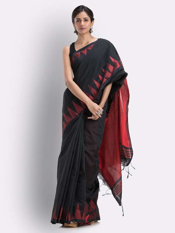 women's self design black colored saree with blouse