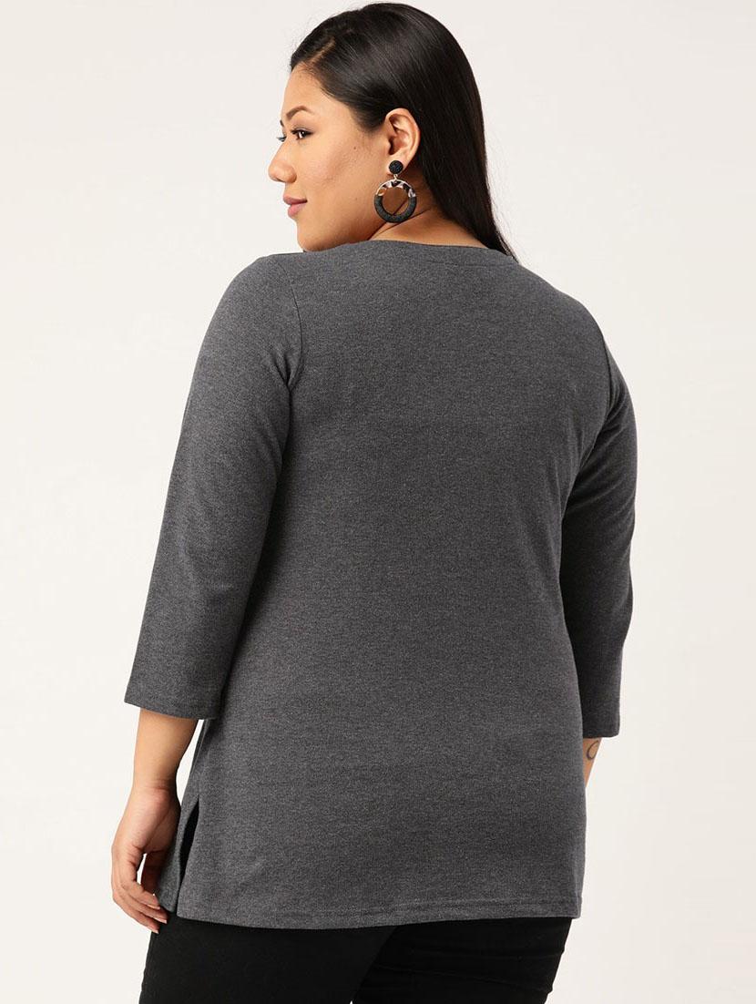 grey solid knitted t-shirt with 3/4th sleeves - 19814868 - Standard Image - 2