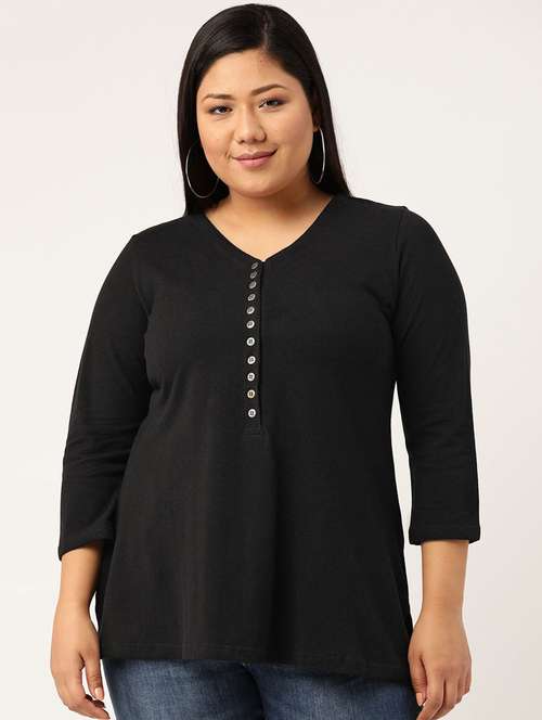 black solid knitted t-shirt with 3/4th sleeves  - 19814869 -  Standard Image - 0