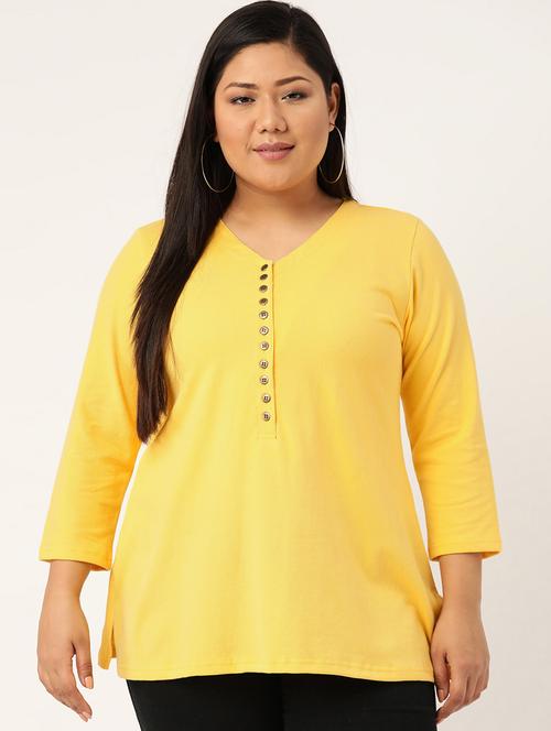 yellow solid knitted t-shirt with 3/4th sleeves - 19814871 - Standard Image - 0