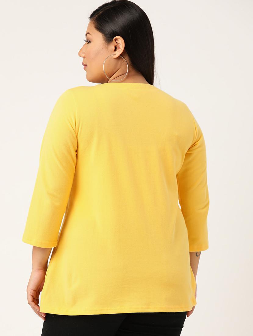 yellow solid knitted t-shirt with 3/4th sleeves - 19814871 - Standard Image - 2