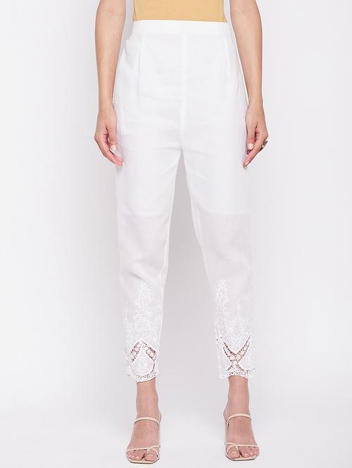 white solid lace detailed pleated trouser - 19815139 - Standard Image - 0