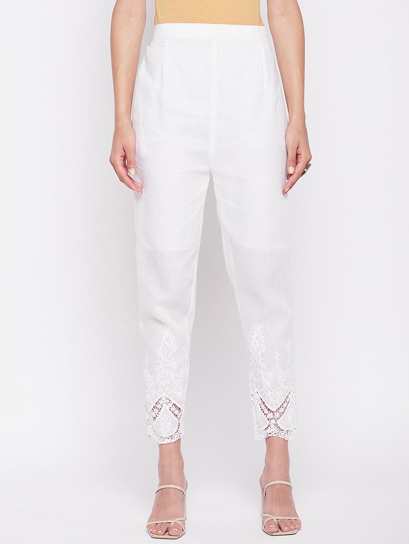 white solid lace detailed pleated trouser - 19815139 - Zoom Image - 0
