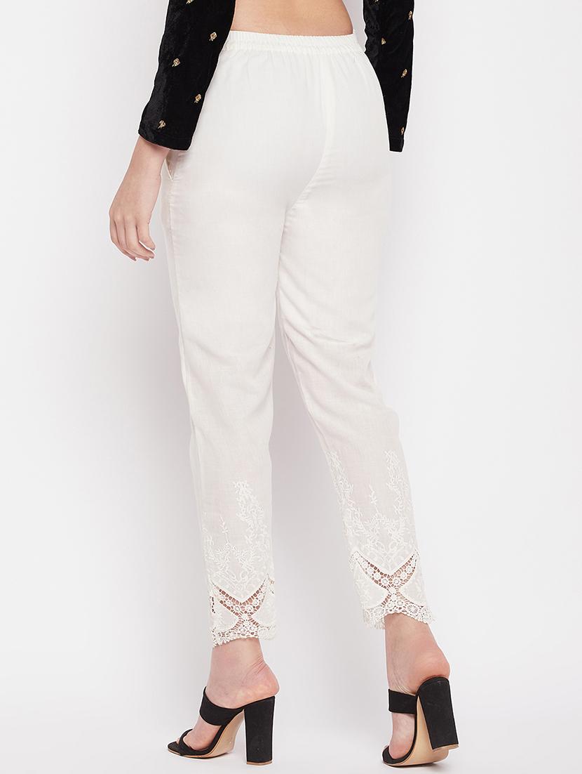 white solid lace detailed pleated trouser - 19815140 - Standard Image - 2