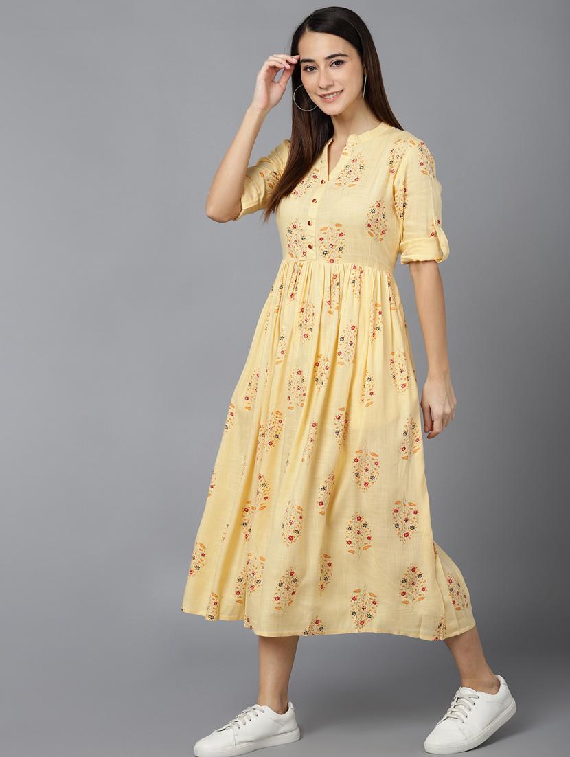 mandarian collar floral printed fit & flare dress - 19816150 - Standard Image - 2