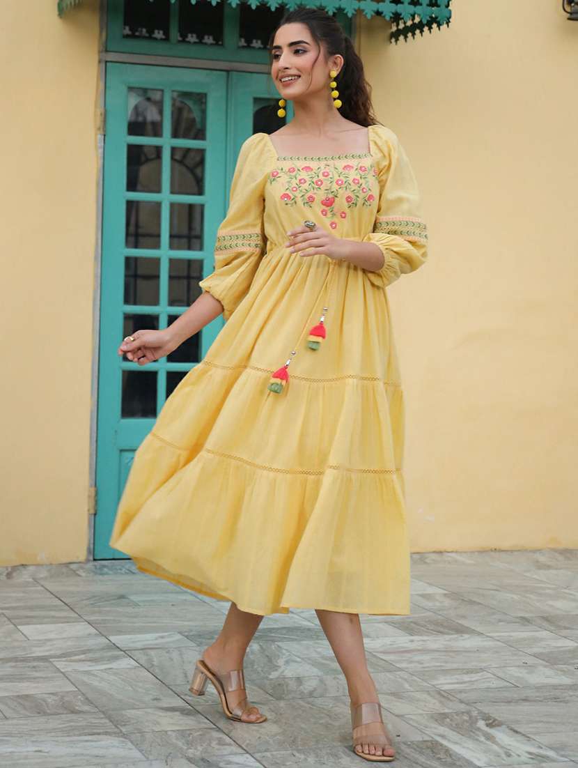 yellow solid fit & flare ethnic dress