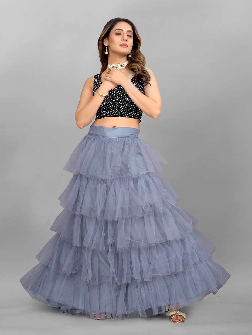 semi-stitched layered lehenga with sequined top