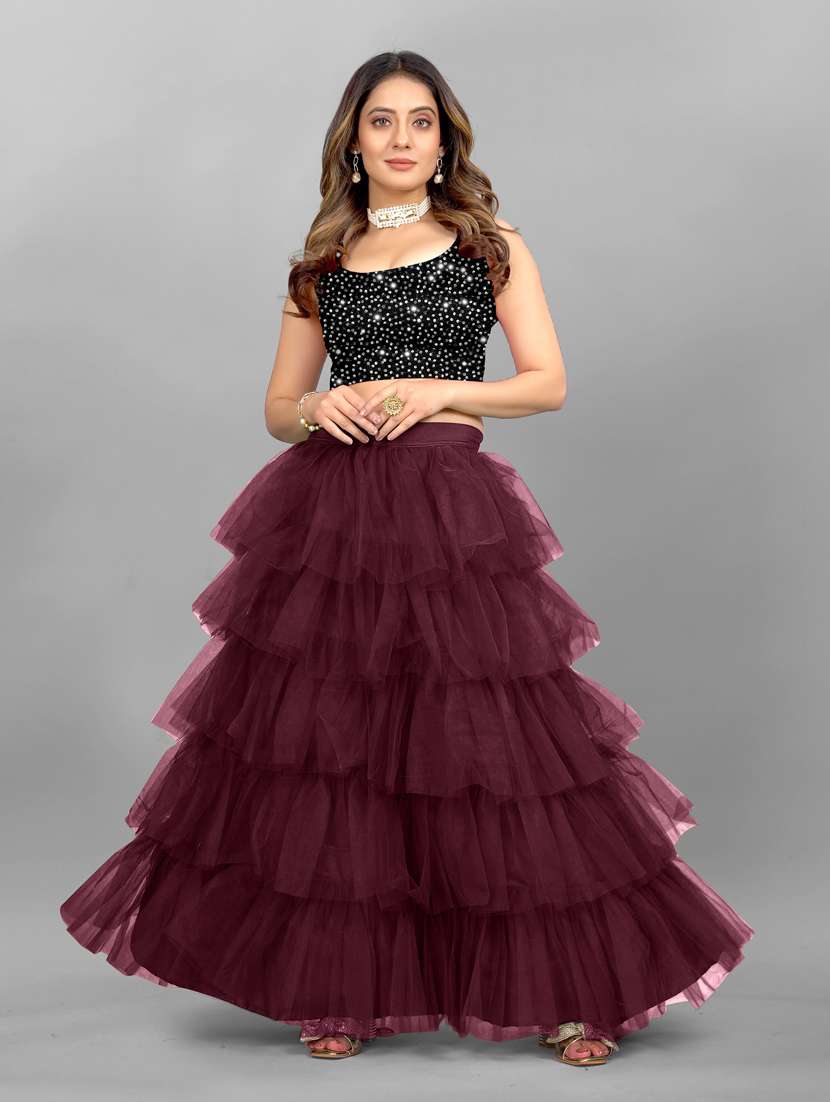 semi-stitched layered lehenga with sequined top