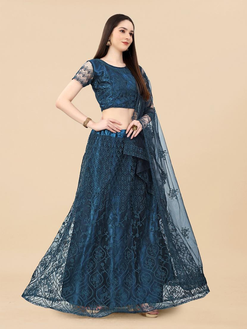 teal embroidered semi-stitched lehenga choli with dupatta - 19819977 - Standard Image - 2