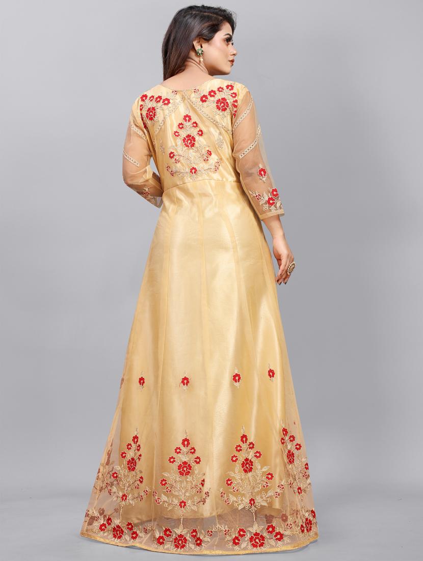 beige embroidered fit & flare gown - 19826077 - Standard Image - 2