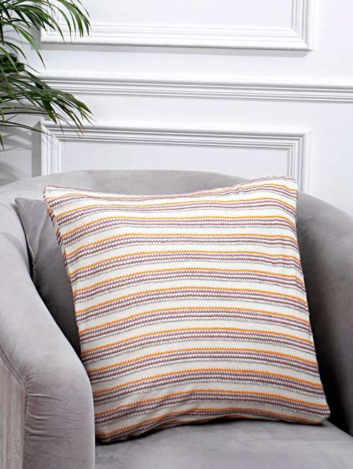 white cotton knit cushion cover with multicolor yarn work - 19831164 - Standard Image - 0