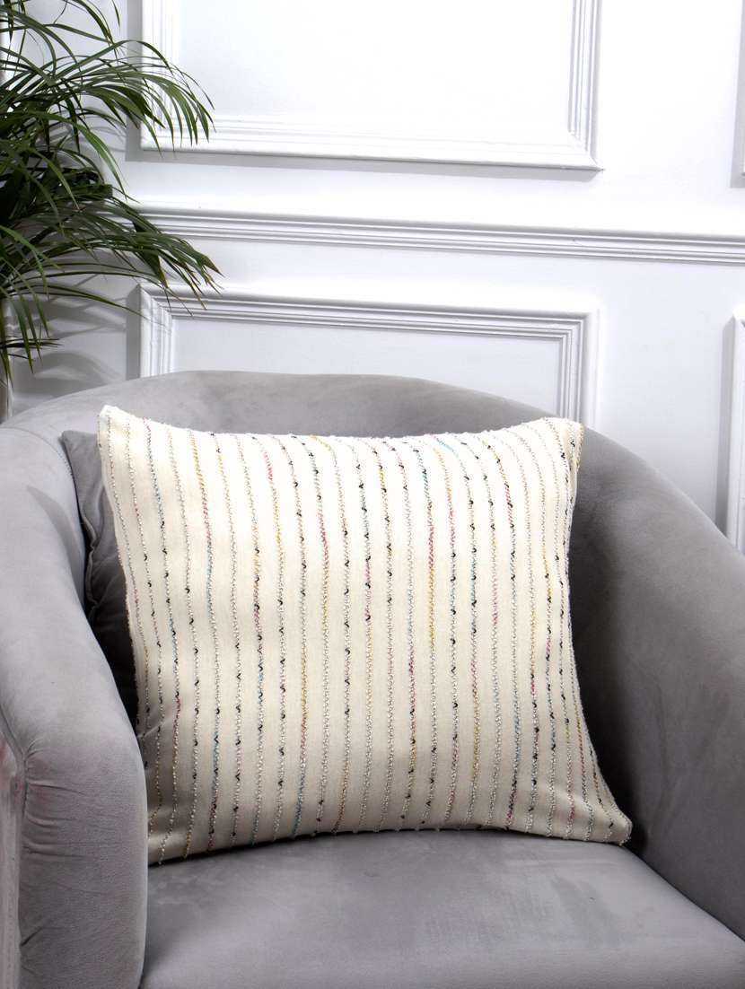 white cotton knit with multicolor yarn work cushion cover