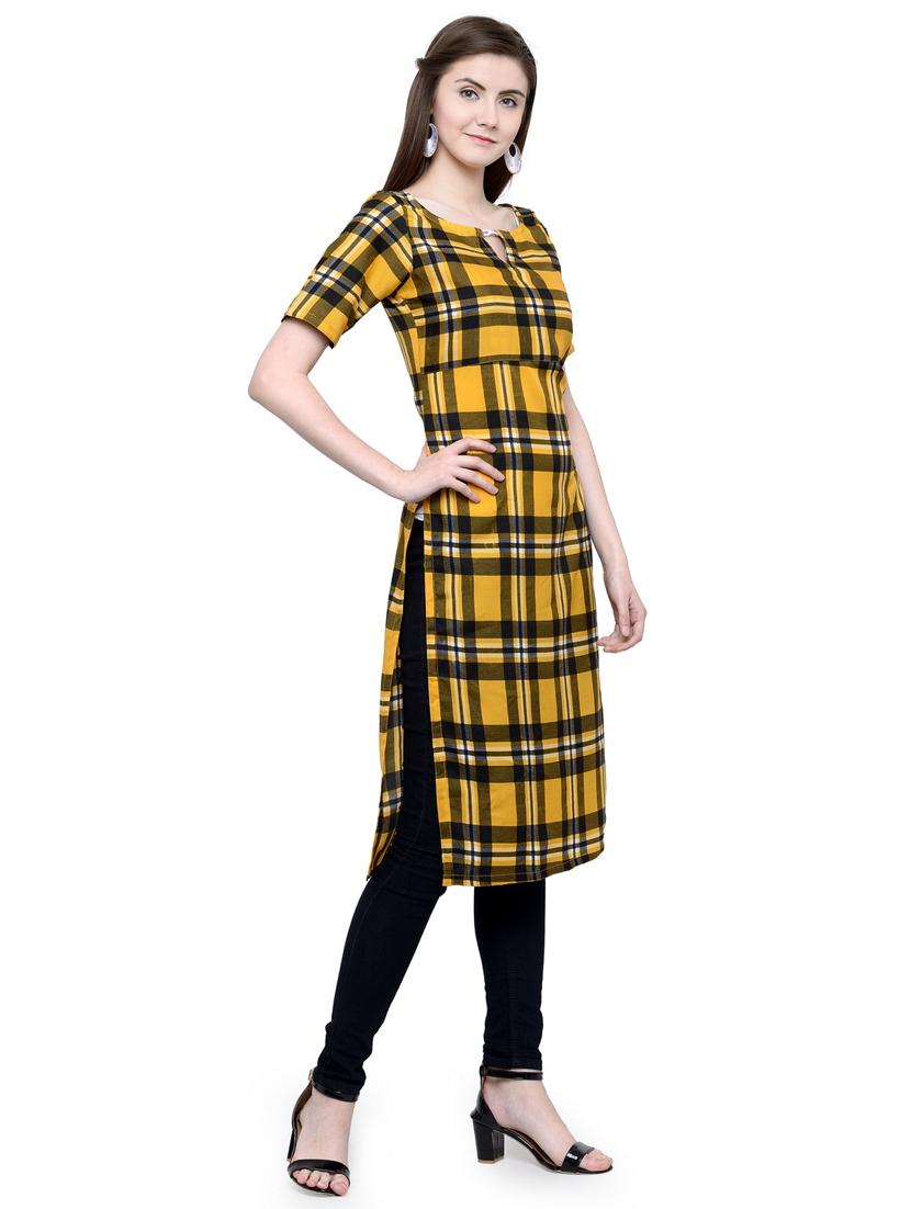 yellow checks straight kurta - 19832321 - Standard Image - 2