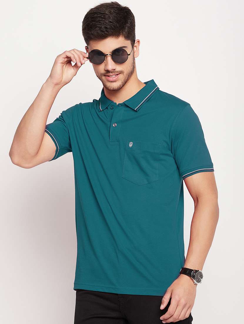 men teal regular fit solid polo t-shirt