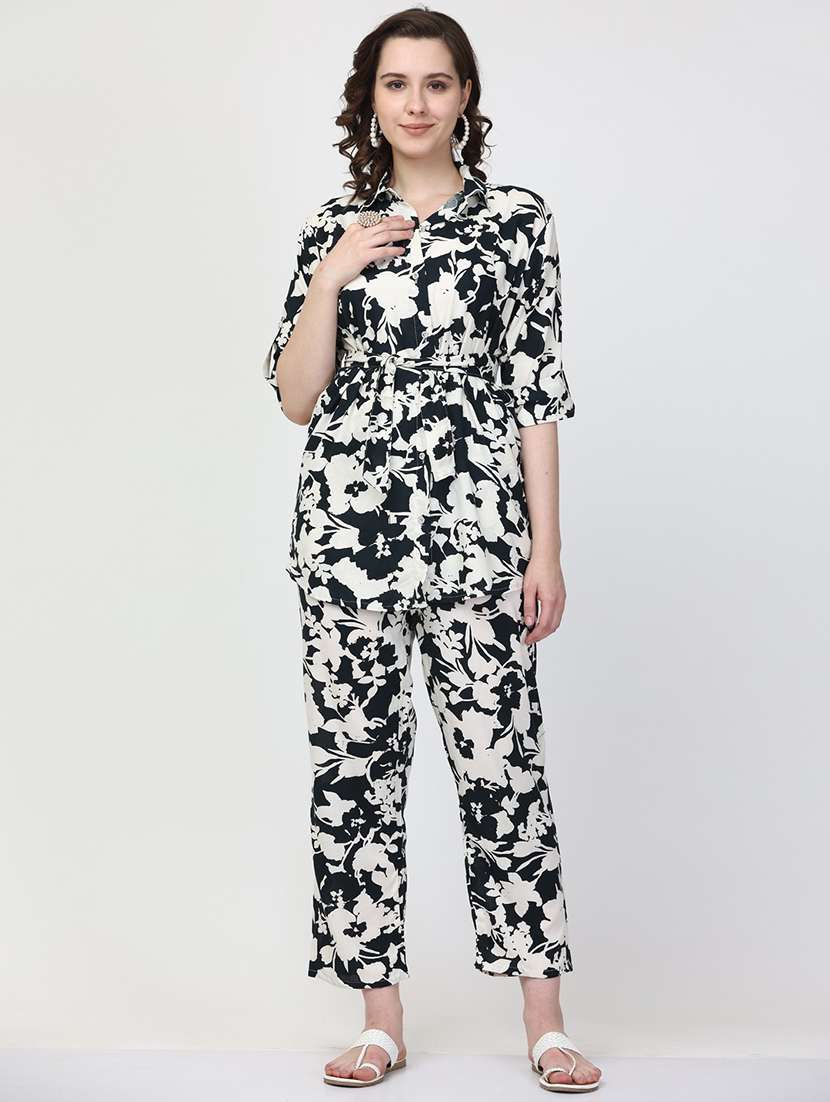 black floral print top and trouser co-ord set