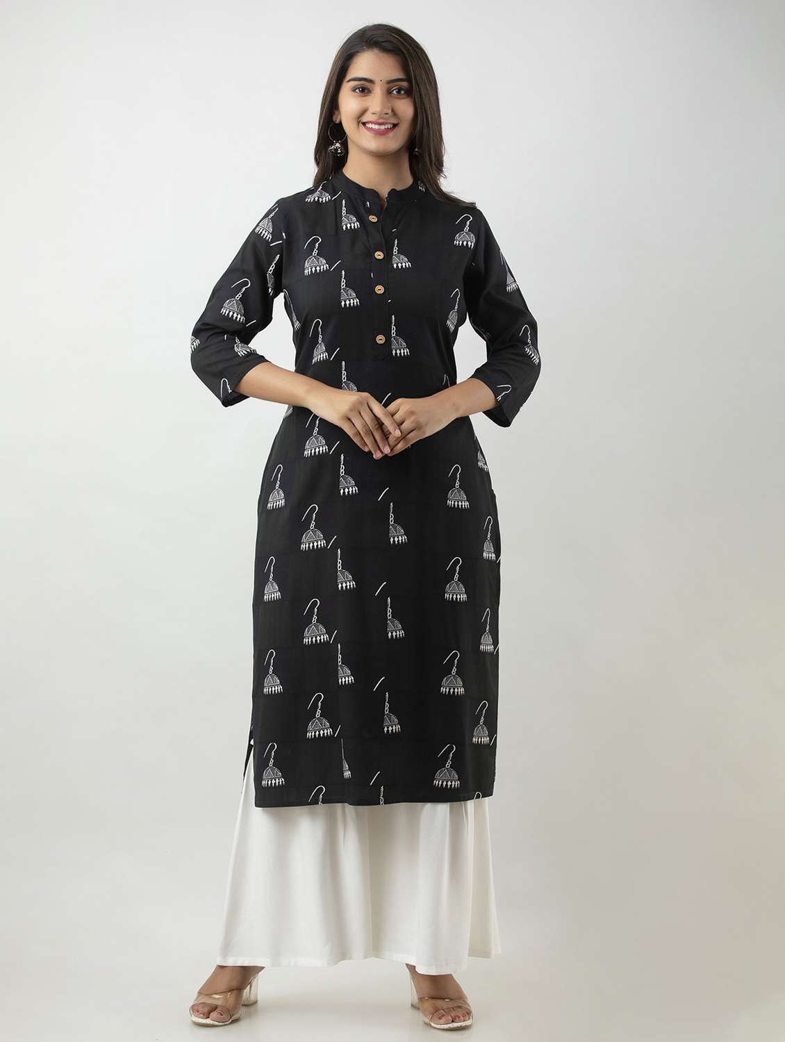 black printed three quarter sleeve kurta sharara set - 19847319 - Zoom Image - 0
