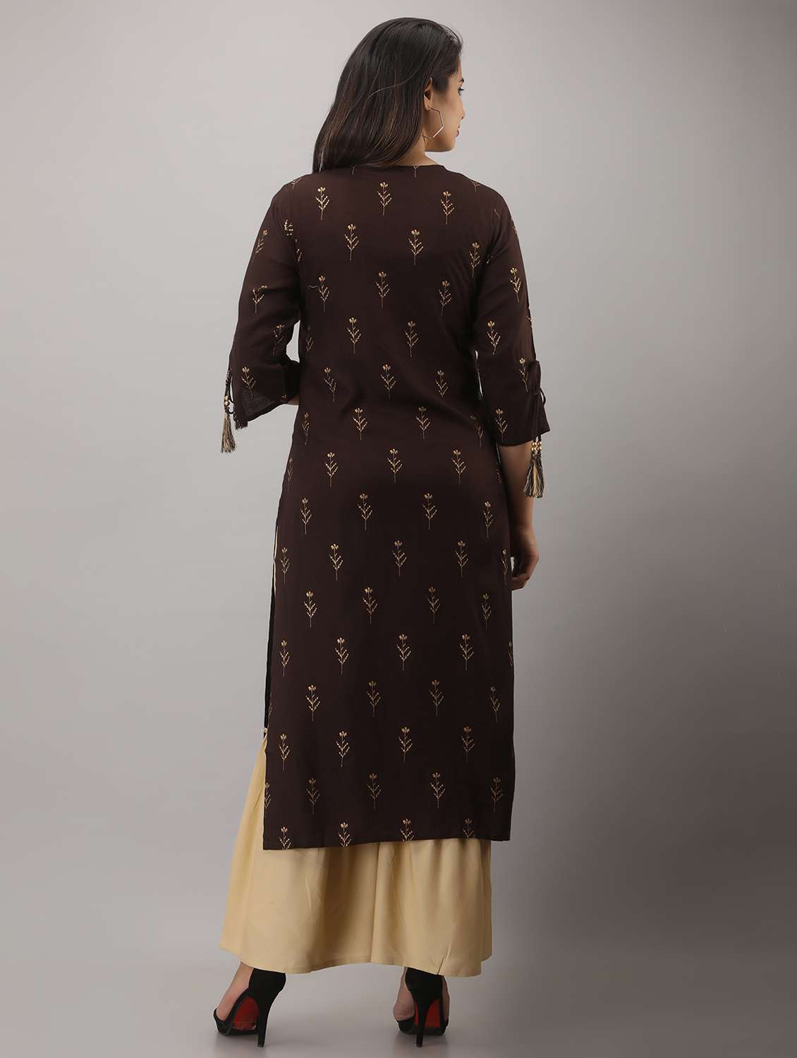 brown printed three quarter sleeve kurta sharara set - 19847335 - Standard Image - 2
