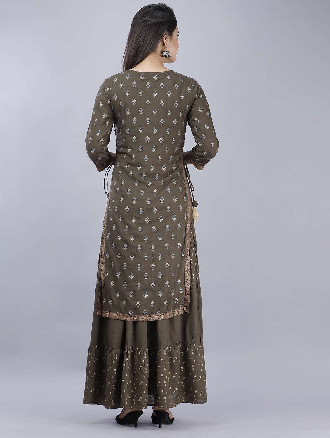 brown printed three quarter sleeve kurta sharara set - 19847345 -  Standard Image - 2