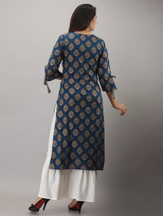 blue printed three quarter sleeve kurta sharara set - 19847358 - Standard Image - 2