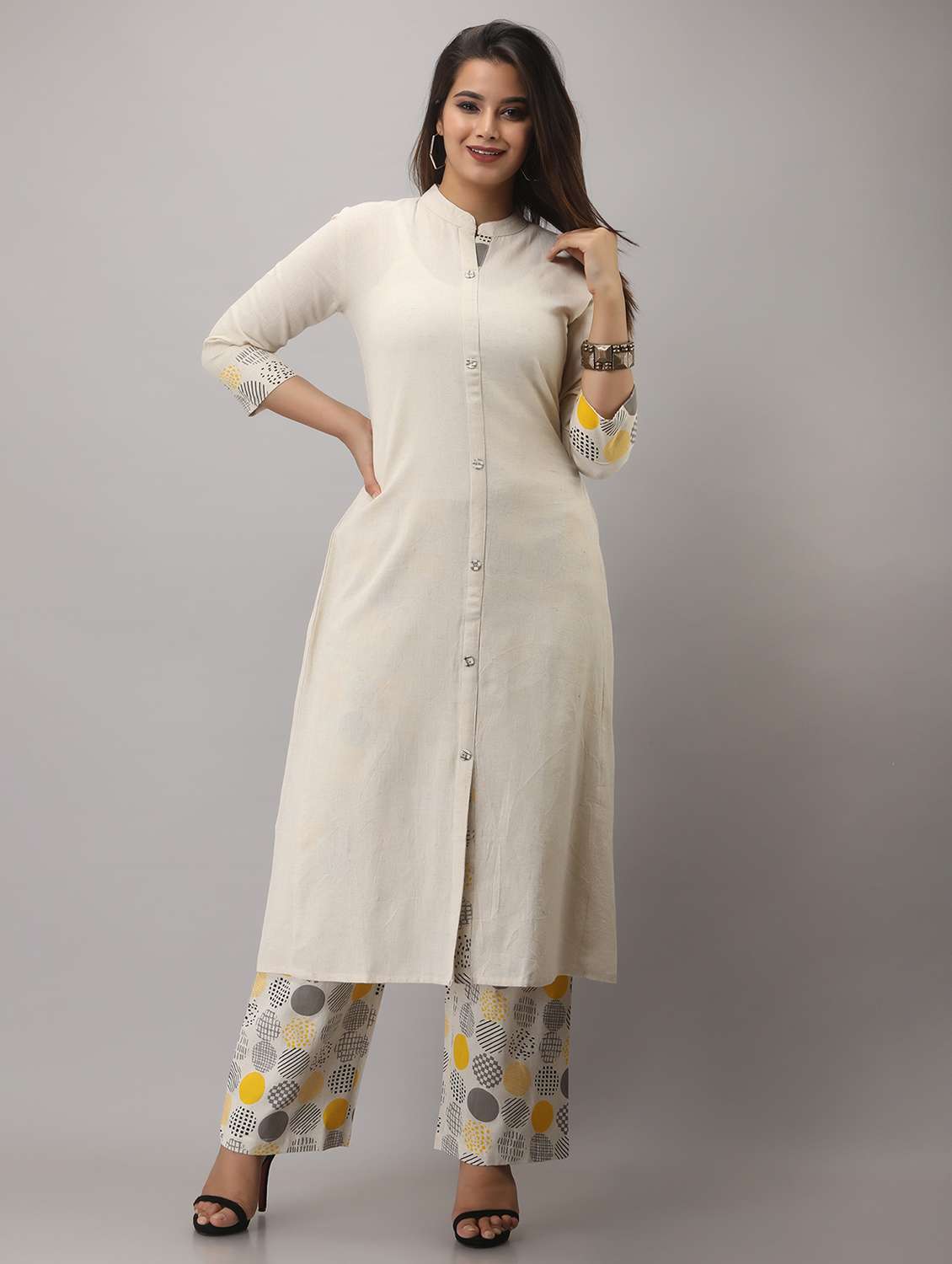 white solid three quarter sleeve kurta palazzo set